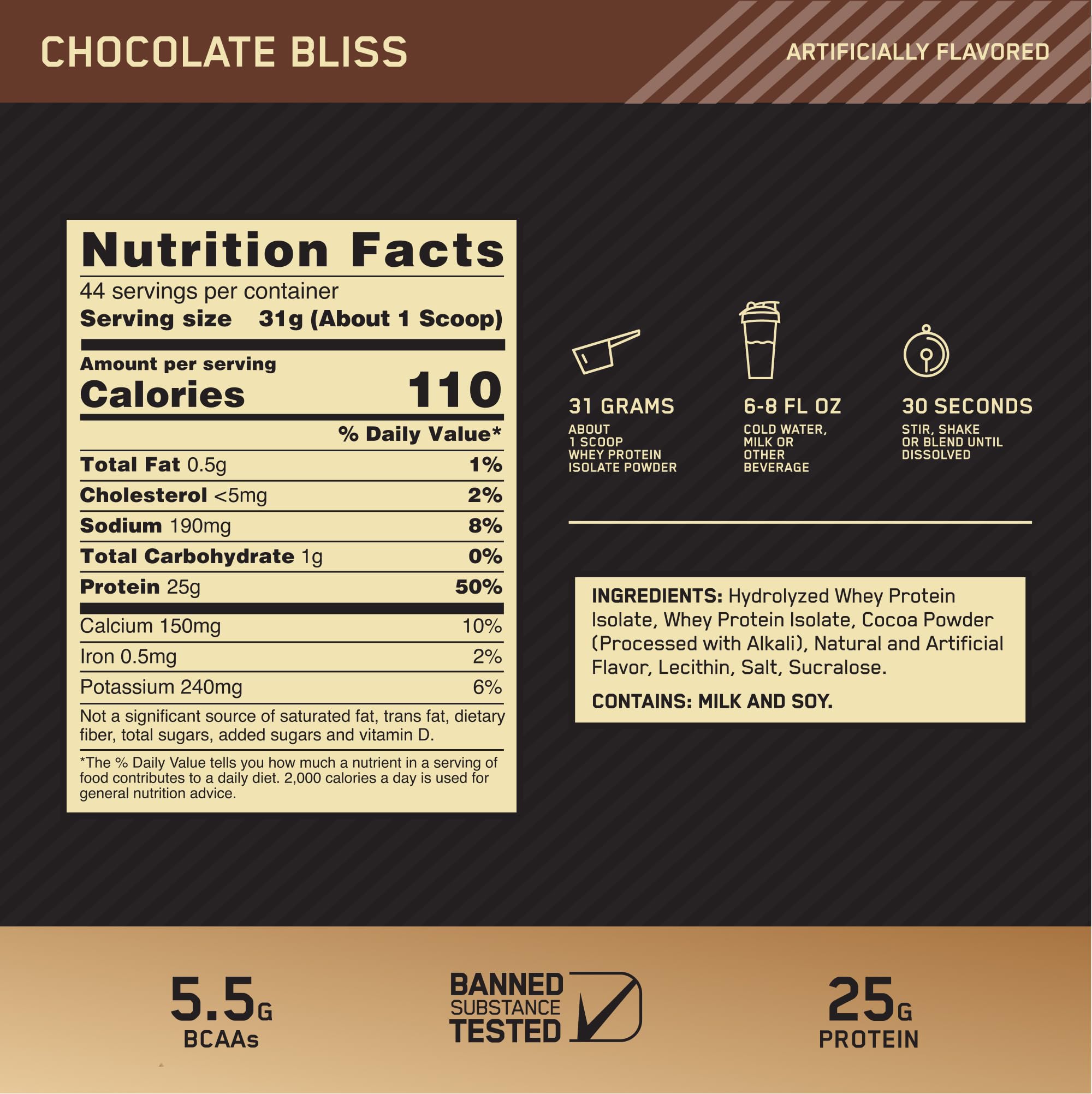 Cucharada de polvo Optimum Nutrition dentro de lata abierta para dosificación práctica