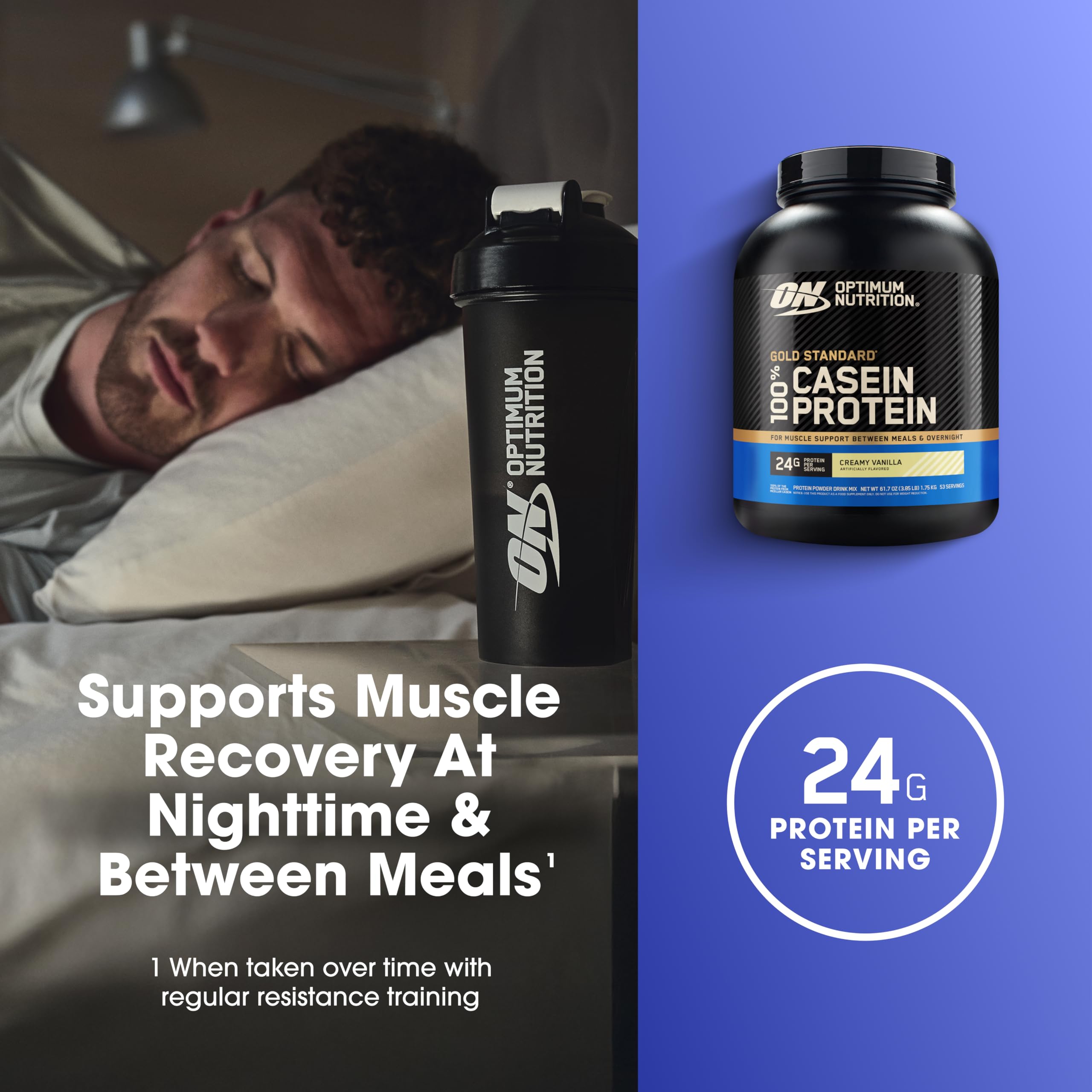Bote de Optimum Nutrition junto a almohada y libreta, uso nocturno recomendado