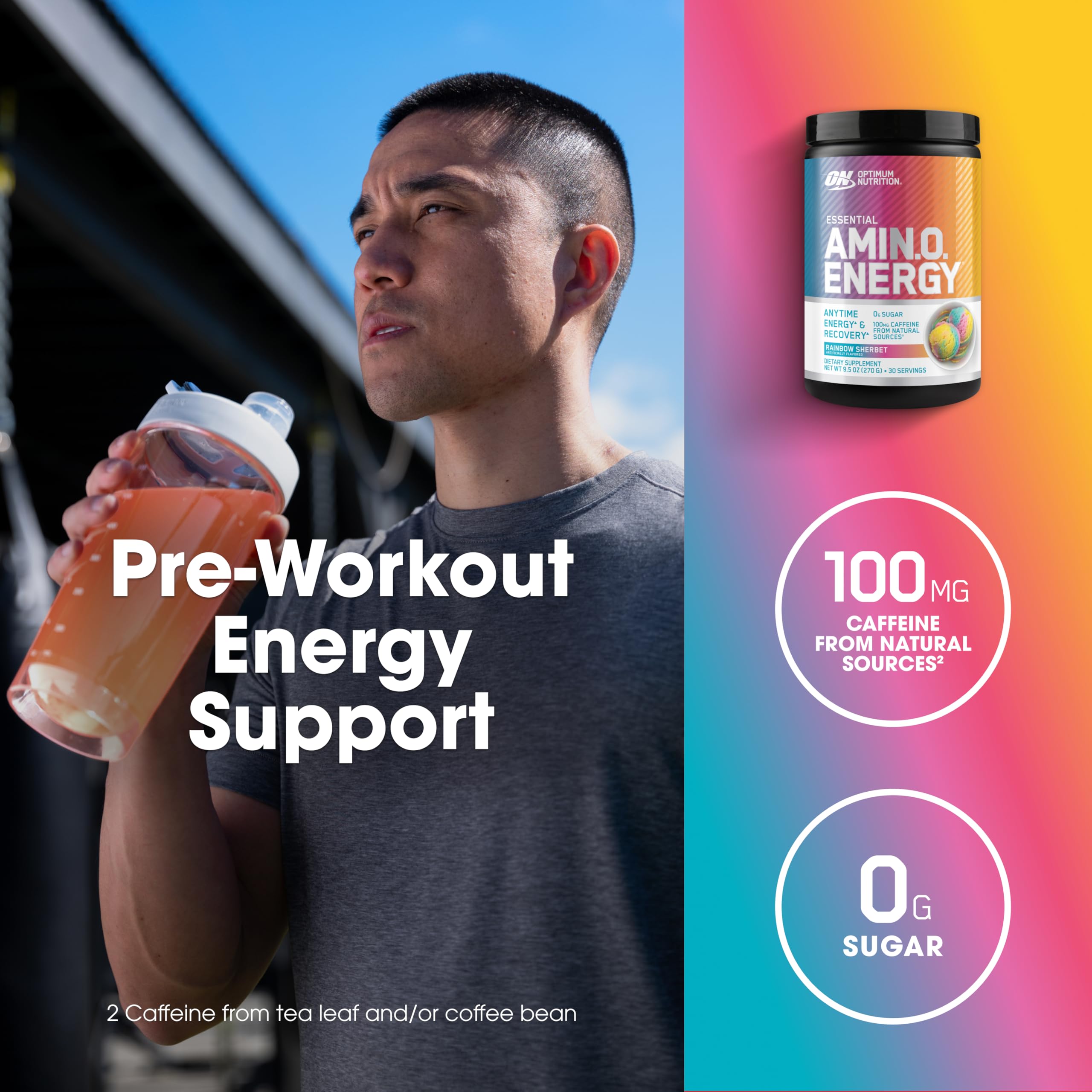 Optimum Nutrition bote junto a mano para comparar tamaño y porciones