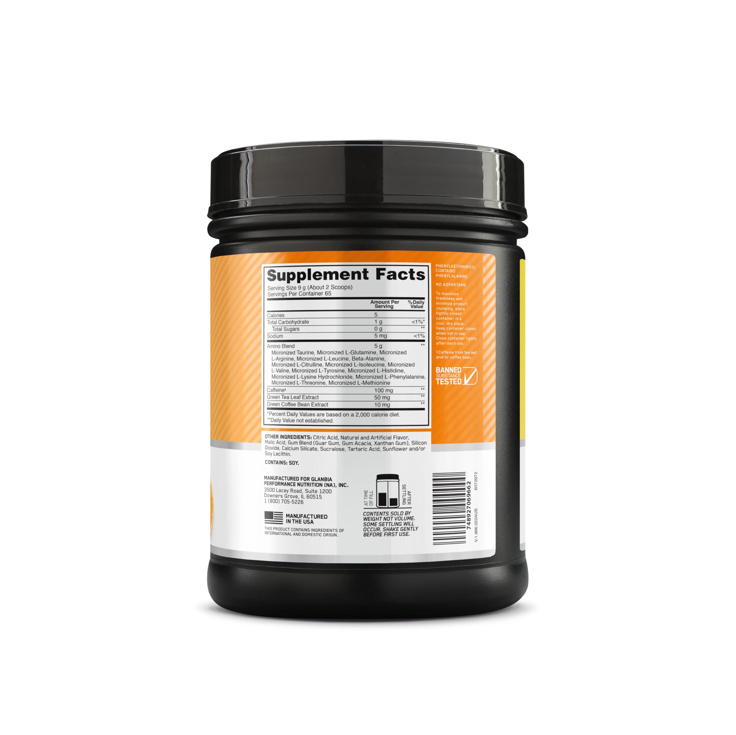 Optimum Nutrition envase junto a mano, tamaño práctico para casa o gym