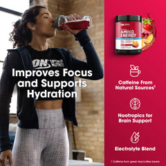 Optimum Nutrition bote junto a una mano para comparar tamaño y porciones