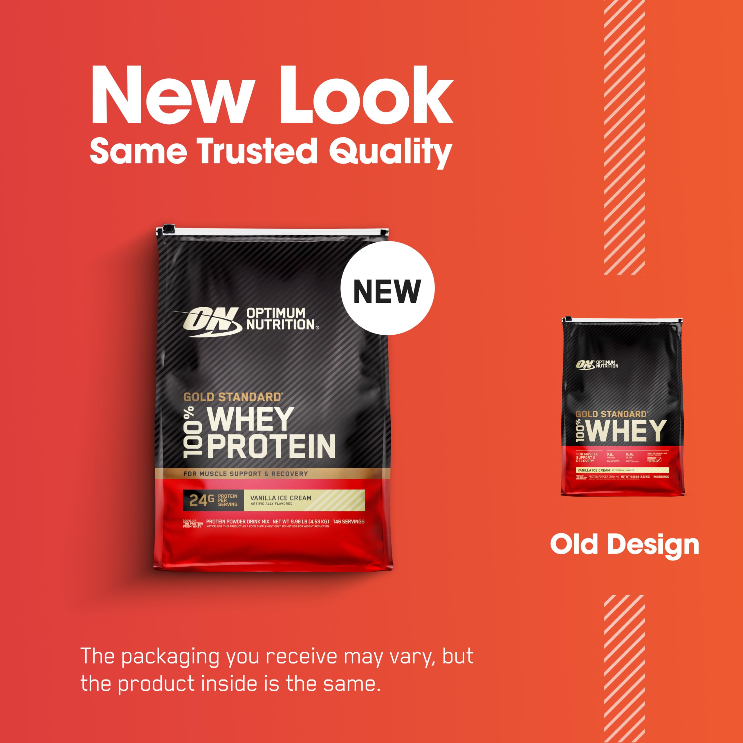 Optimum Nutrition envase junto a manopla para comparar tamaño y raciones disponibles