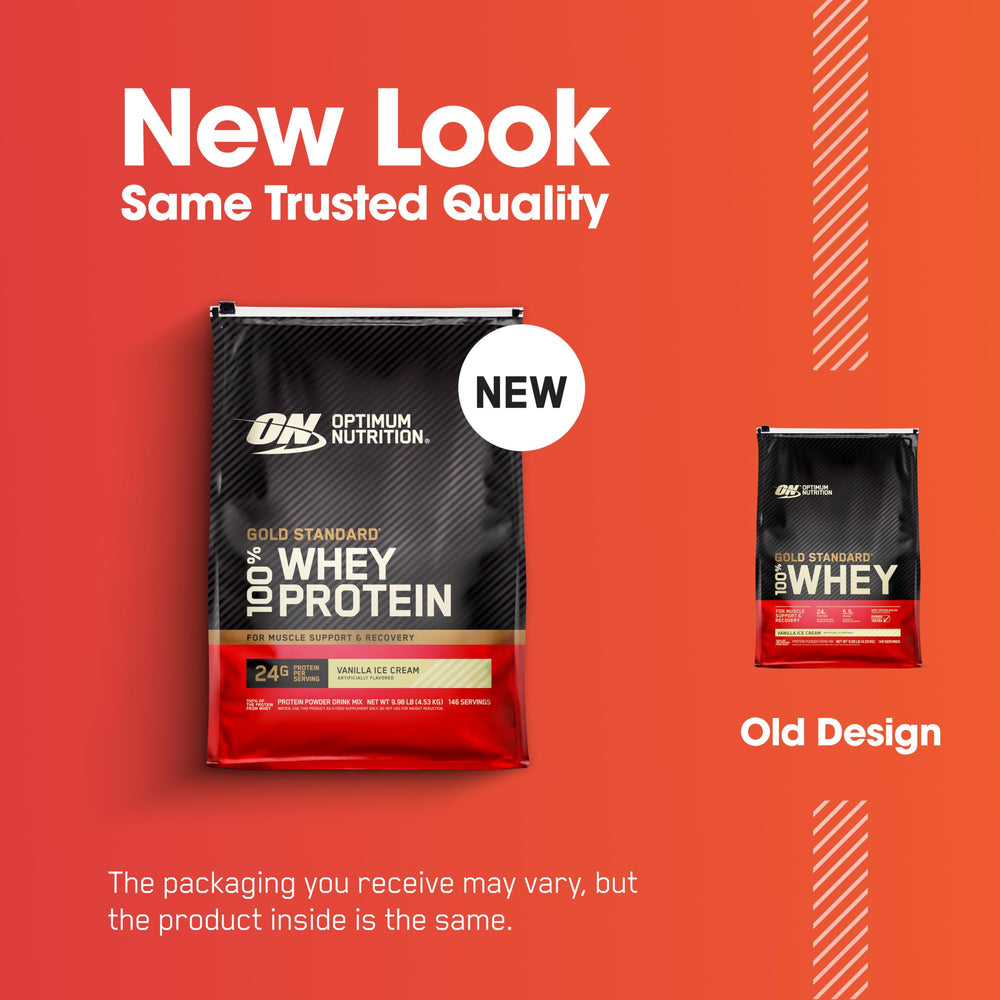 Optimum Nutrition envase junto a manopla para comparar tamaño y raciones disponibles