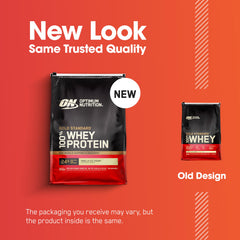 Optimum Nutrition envase junto a manopla para comparar tamaño y raciones disponibles
