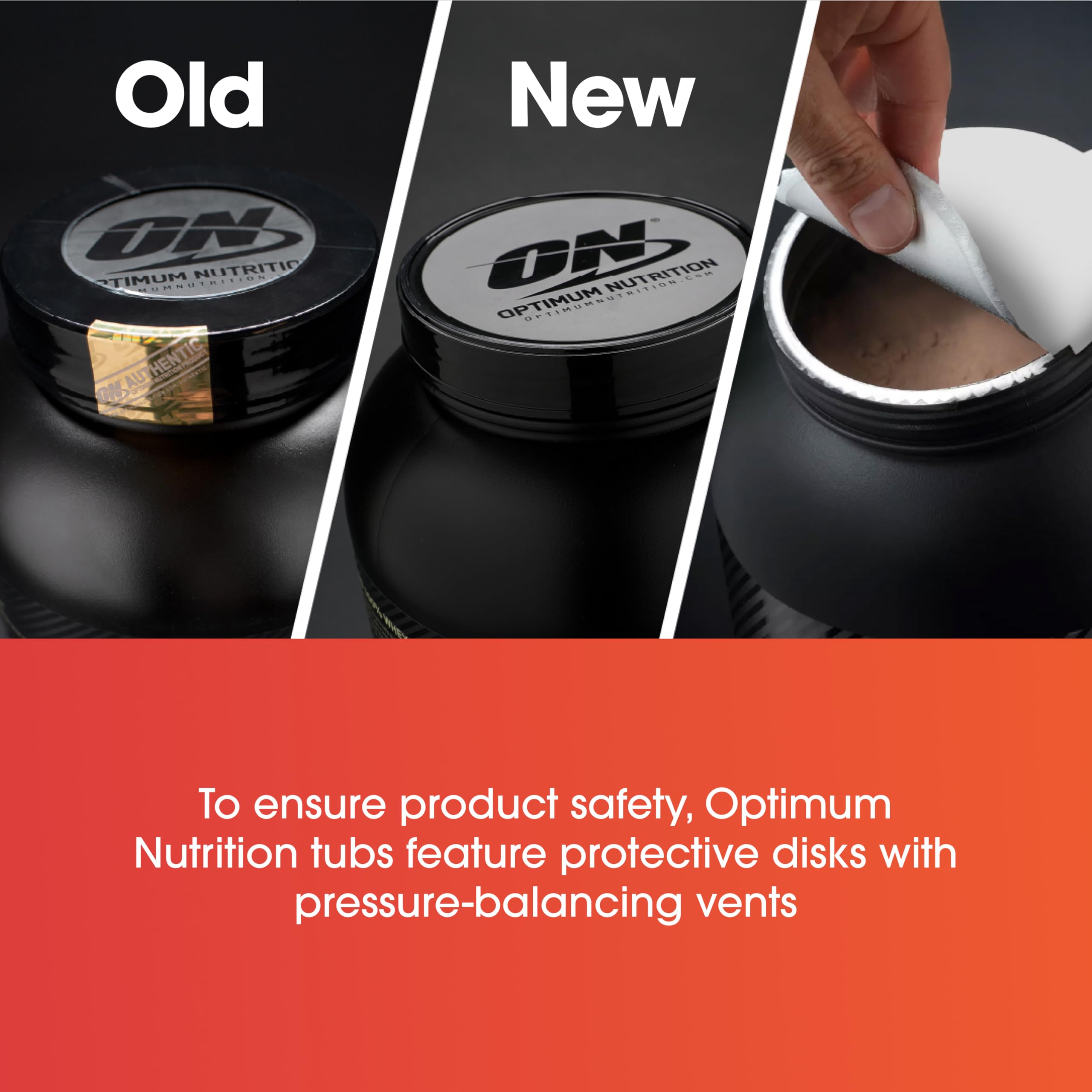 Envase Optimum Nutrition junto a una manzana para comparar tamaño y porciones por paquete