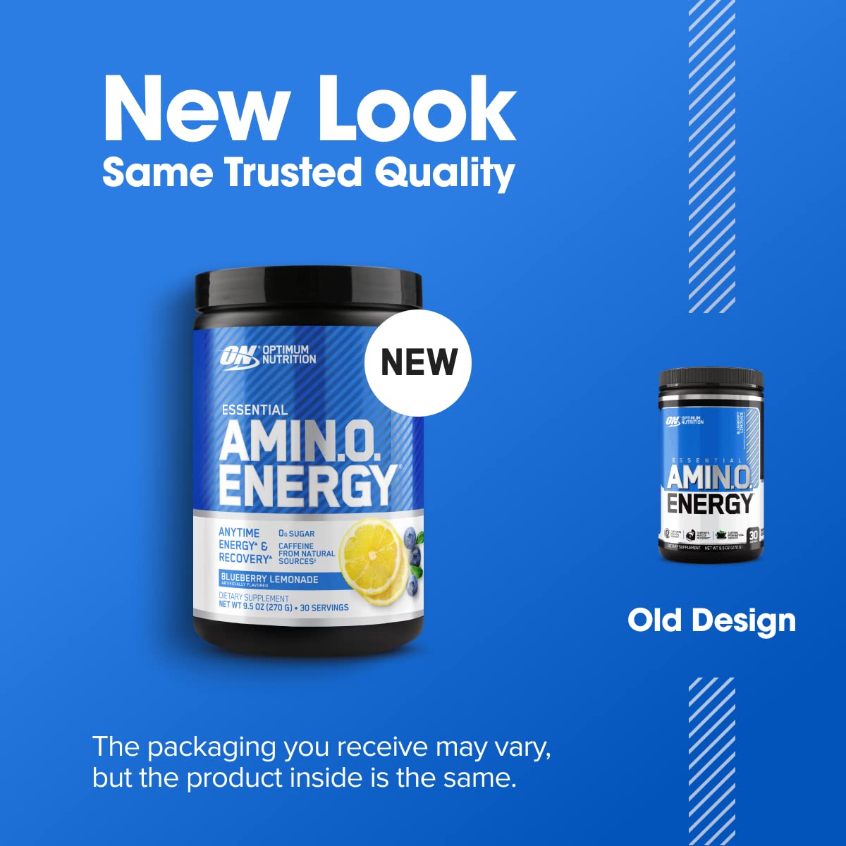 Optimum Nutrition envase junto a mano para comparar tamaño y porciones