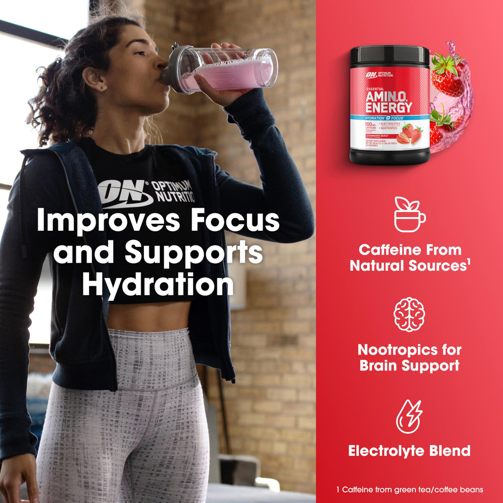Optimum Nutrition envase junto a objetos para comparar tamaño práctico