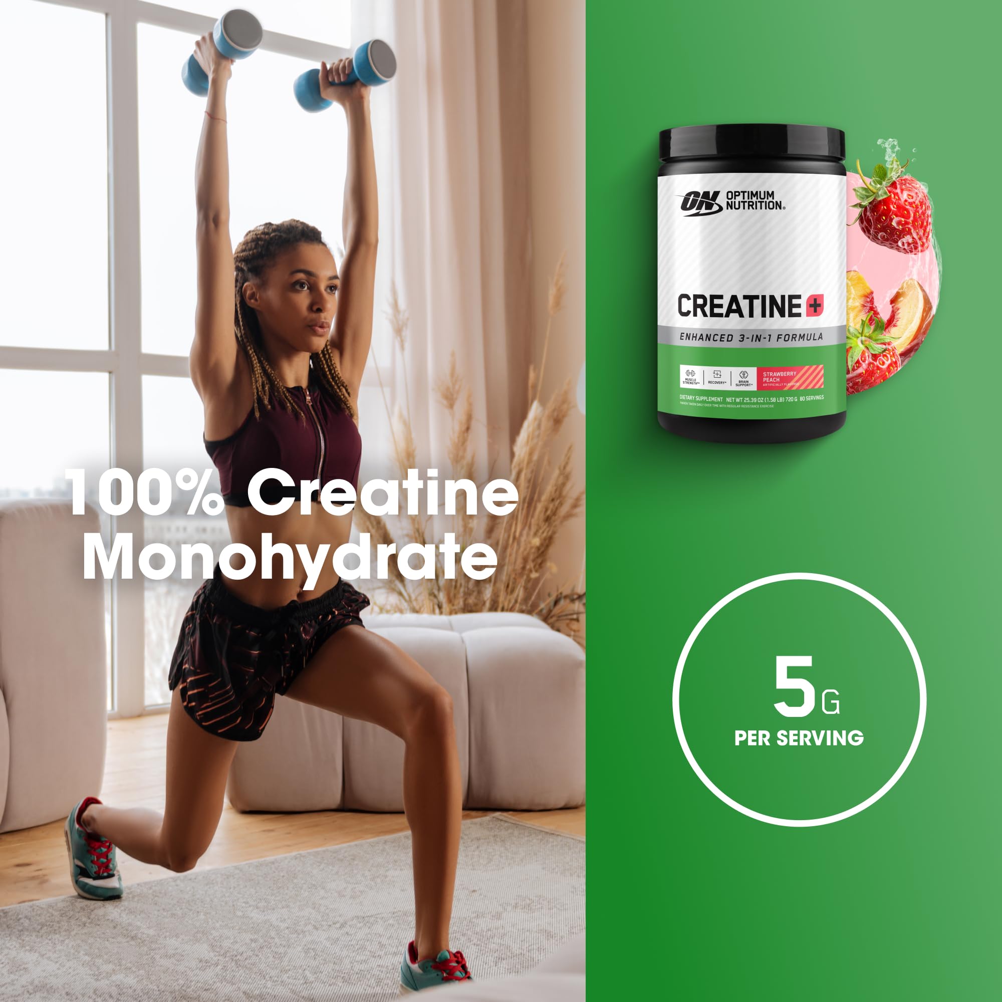 Vaso con bebida mezclada Optimum Nutrition Creatine [+], hidratación rápida antes del entrenamiento