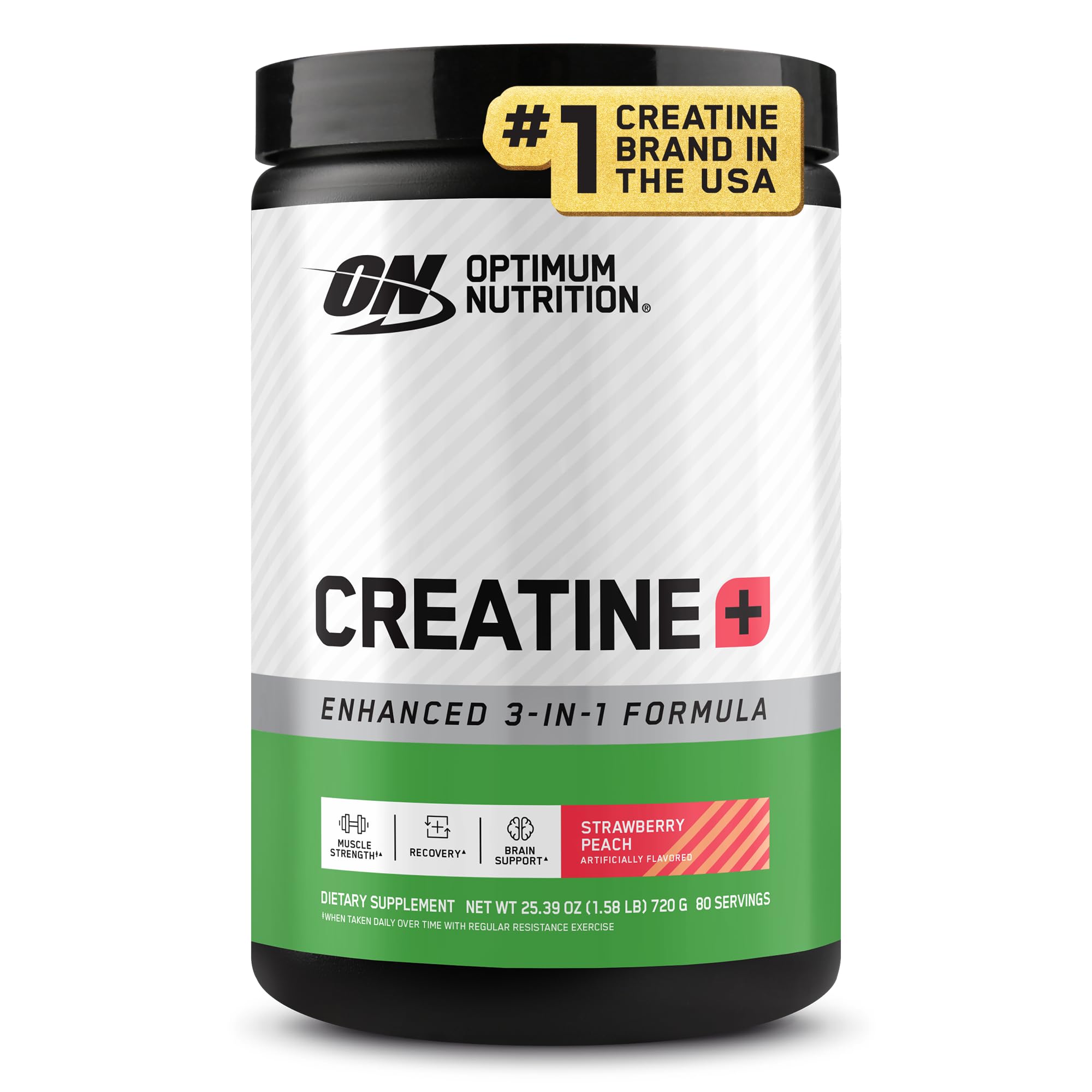 Optimum Nutrition envase frontal mostrando marca y sabor Strawberry Peach, confianza de marca