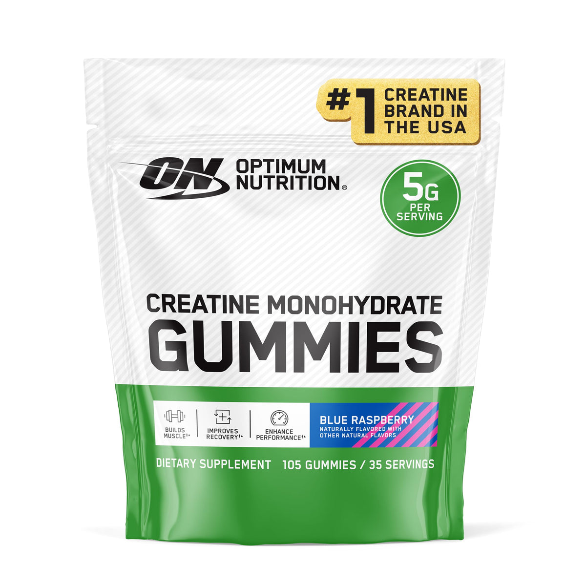 Optimum Nutrition envase frontal con gominolas y beneficio conveniencia