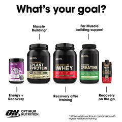 Optimum Nutrition envase abierto con polvo vertido en superficie, beneficio preparación visual