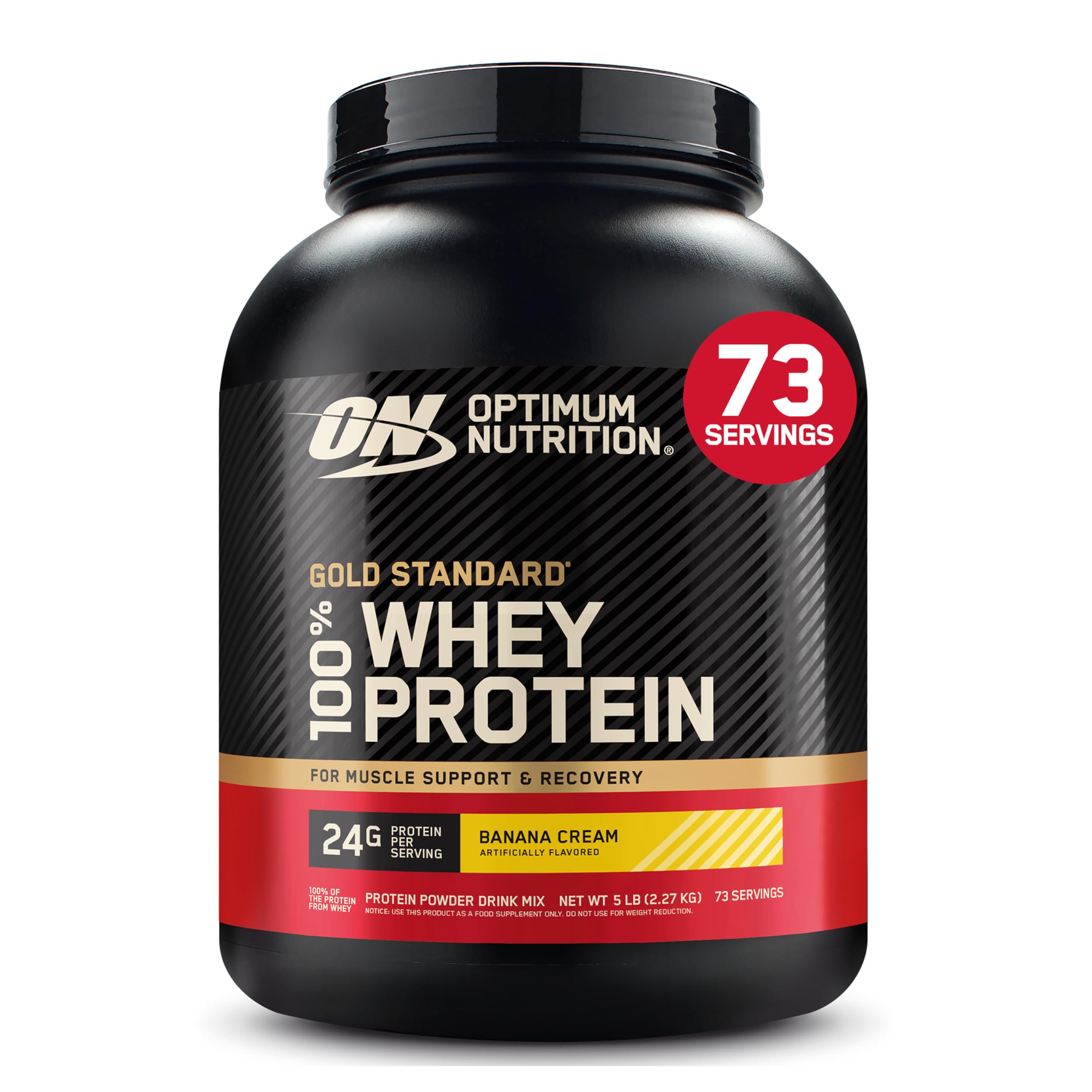Optimum Nutrition envase frontal mostrando 5 libras y sabor Banana Cream beneficios claros