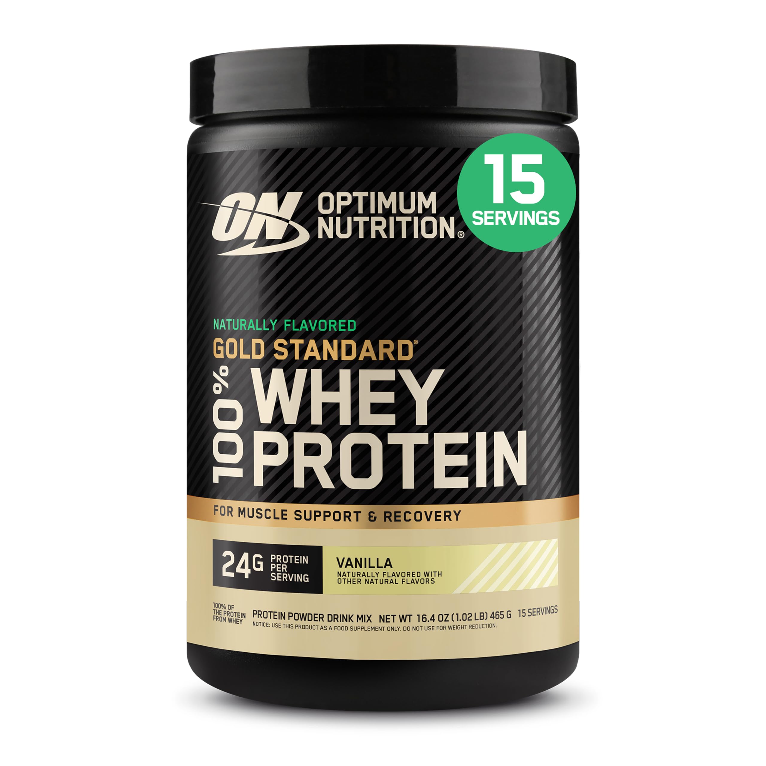 Envase frontal de Optimum Nutrition mostrando sabor vainilla y beneficios