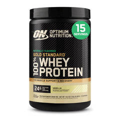 Envase frontal de Optimum Nutrition mostrando sabor vainilla y beneficios