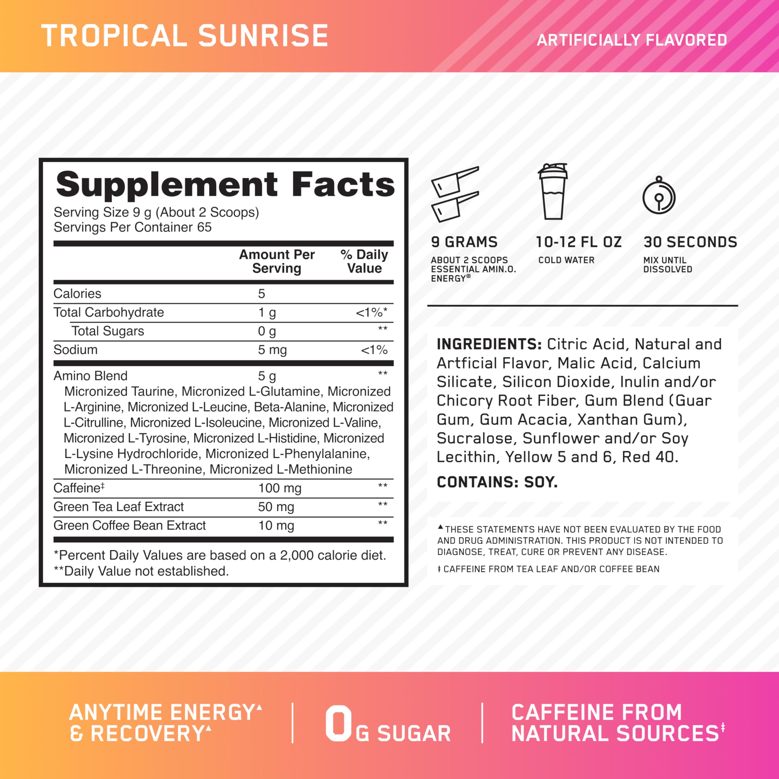 Optimum Nutrition etiqueta con lista de ingredientes y información de la fórmula