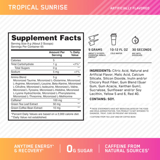 Optimum Nutrition etiqueta con lista de ingredientes y información de la fórmula