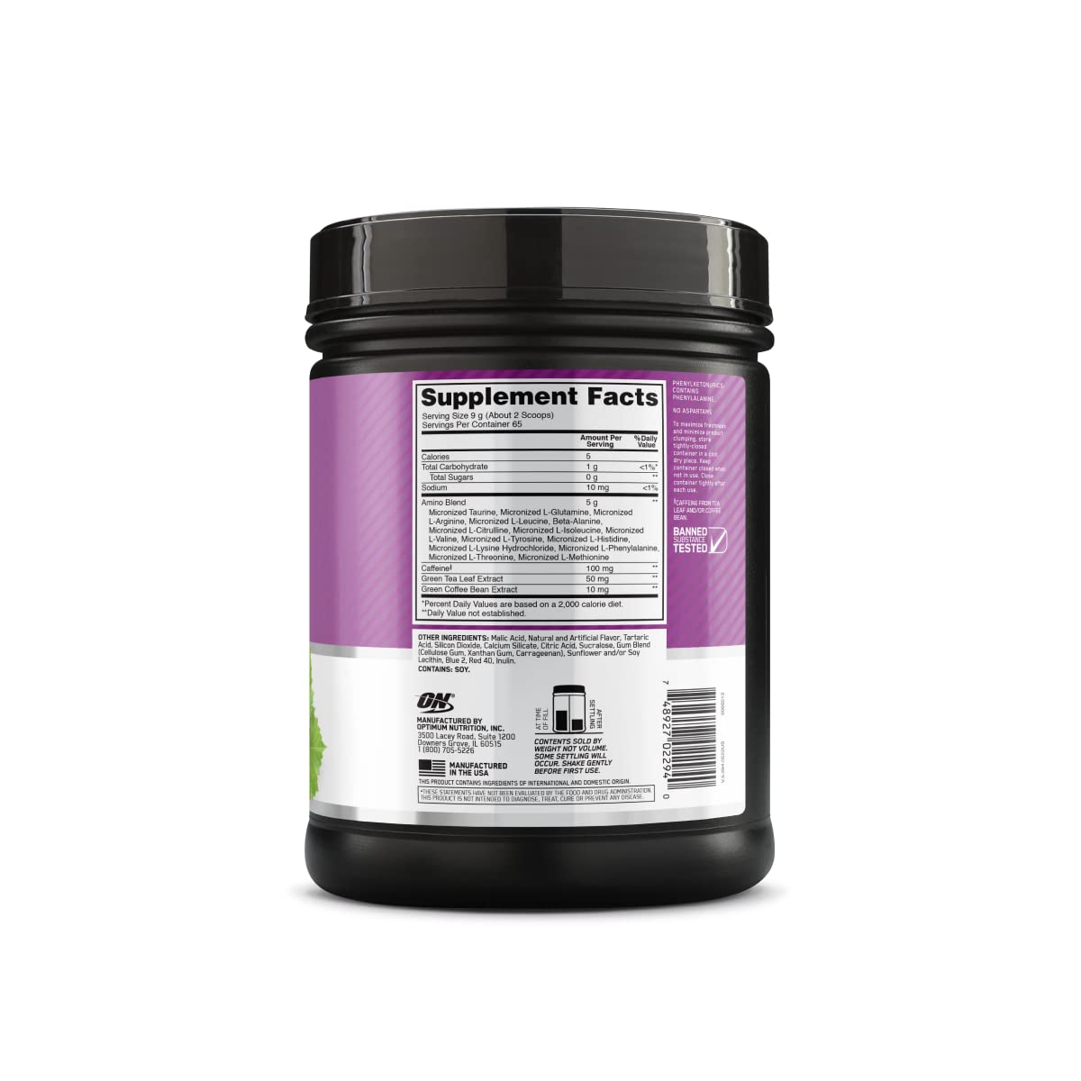 Optimum Nutrition etiqueta nutricional detalle de aminoácidos y cafeína