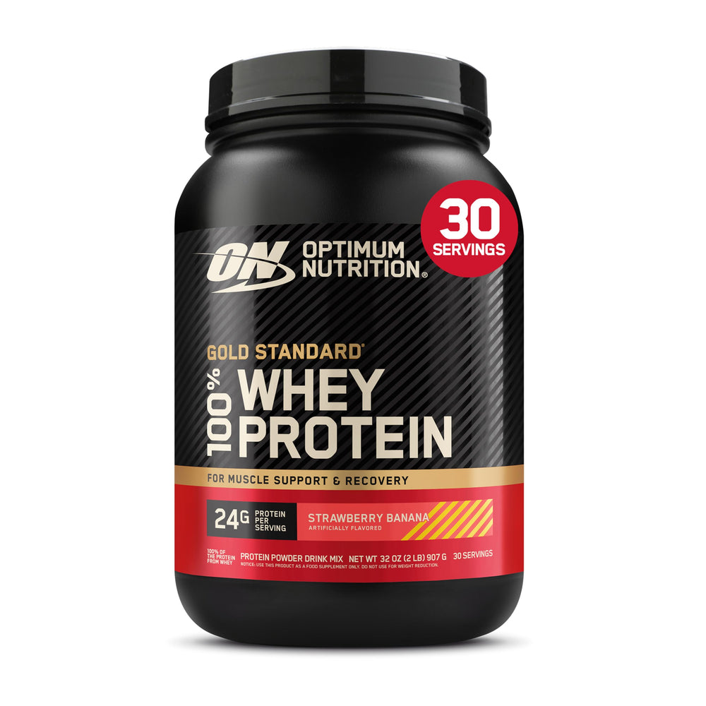 Optimum Nutrition envase frontal Fresa Banana mostrando la marca y beneficio de recuperación