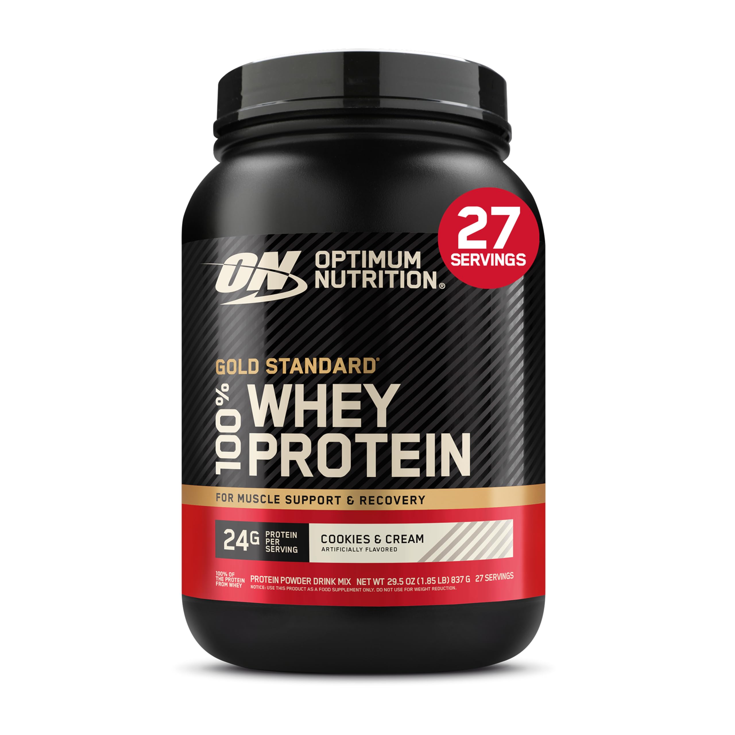 Envase Optimum Nutrition Gold Standard frontal mostrando sabor Cookies & Cream y beneficio práctico