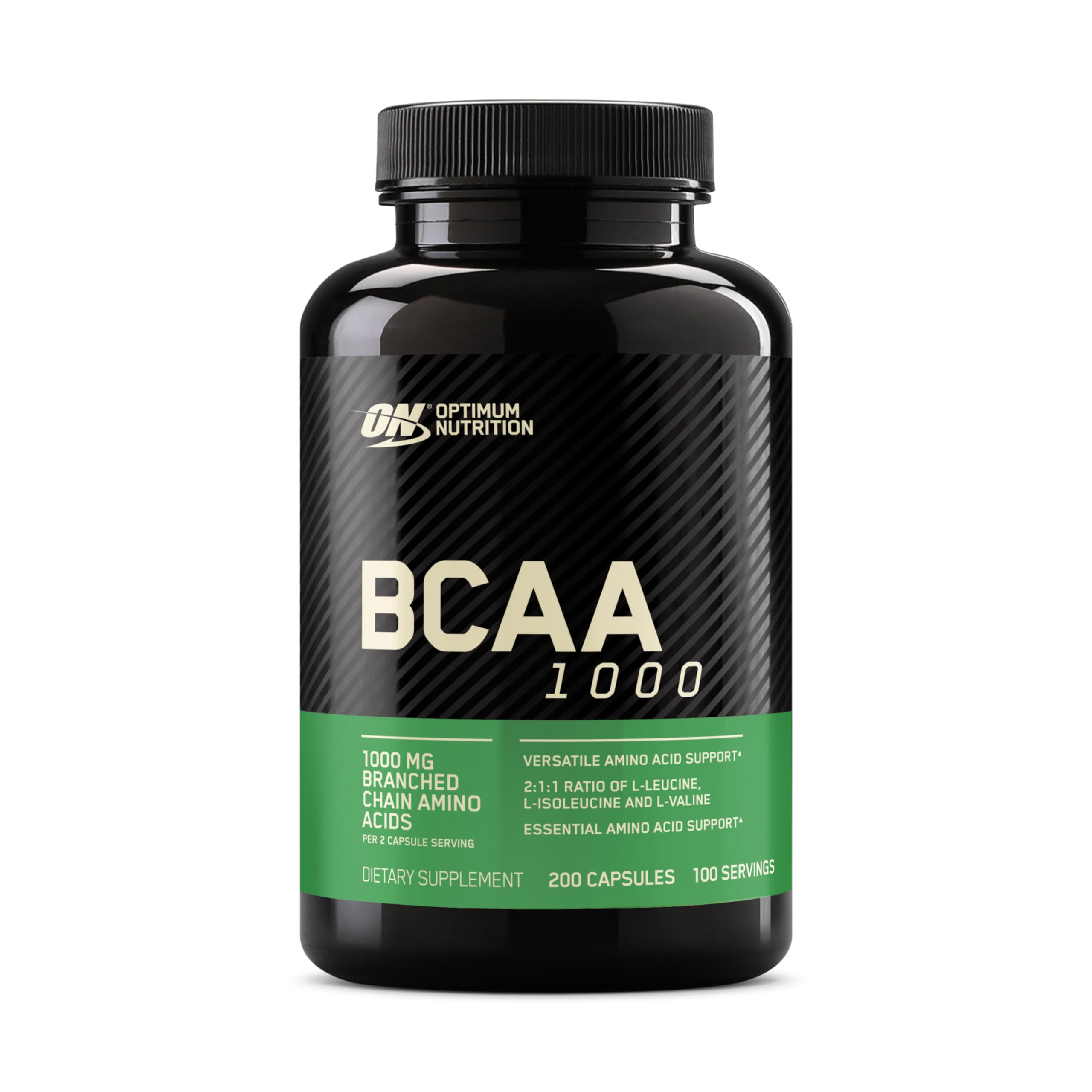 Optimum Nutrition frasco frontal mostrando 200 cápsulas y marca reconocida