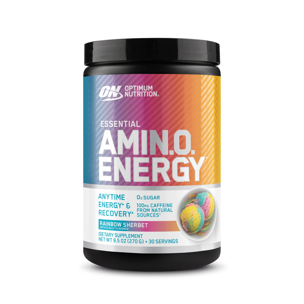 Optimum Nutrition empaque frontal Rainbow Sherbet mostrando sabor y 30 servicios