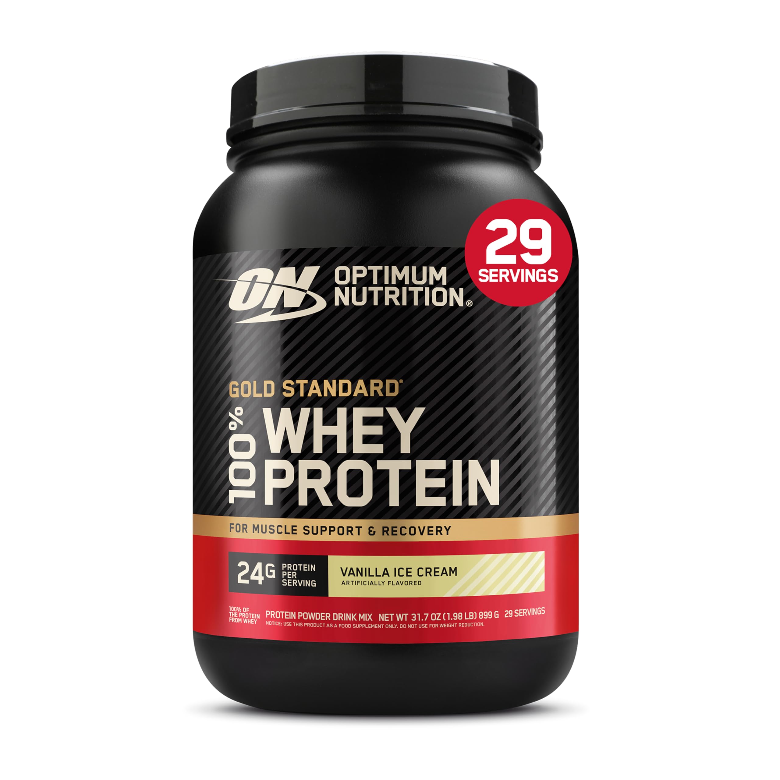 Optimum Nutrition envase frontal mostrando etiqueta y beneficio de 24 g proteína