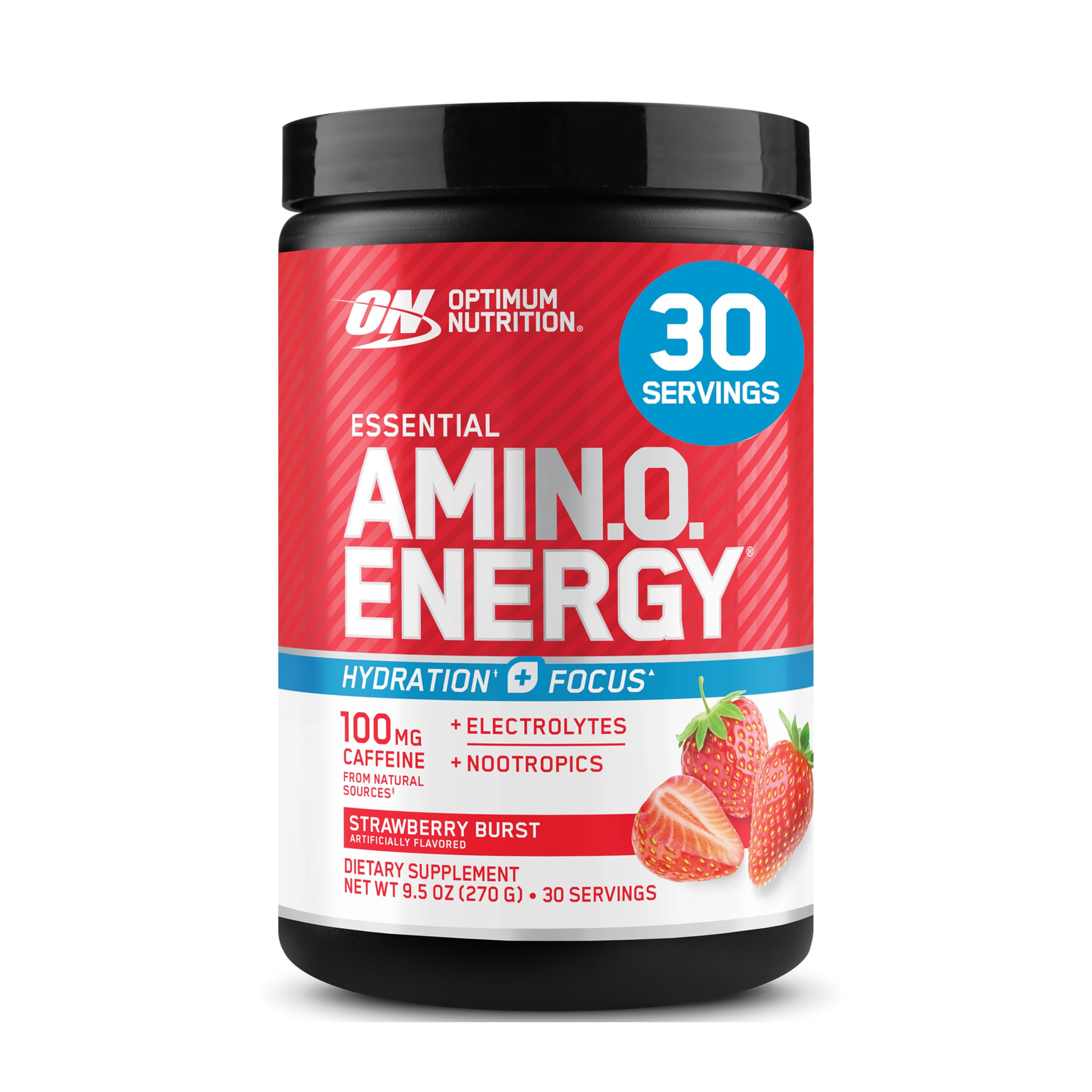 Optimum Nutrition frente del empaque mostrando sabor fresa y beneficios