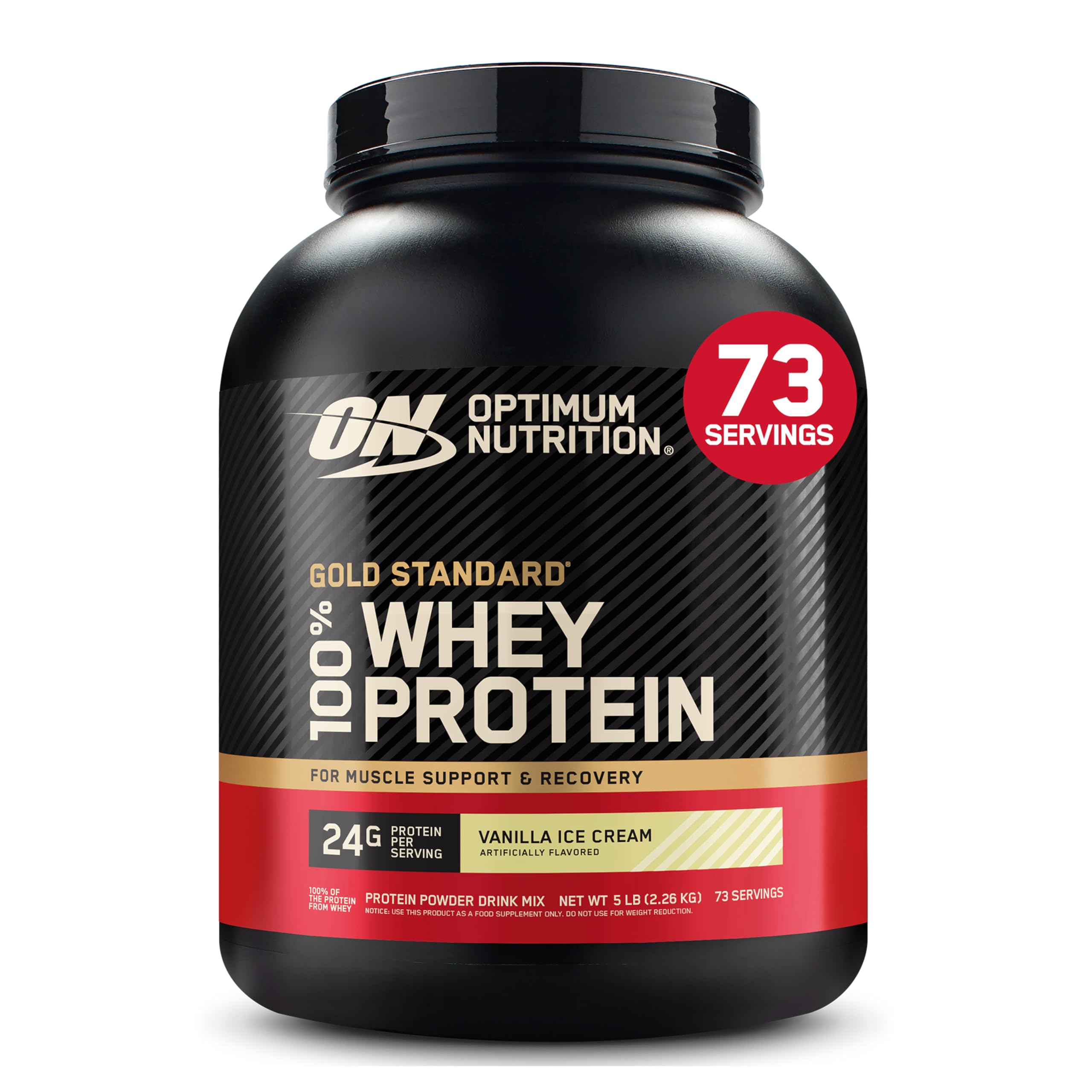 Optimum Nutrition envase frontal Vainilla Ice Cream mostrando la marca y beneficio proteico