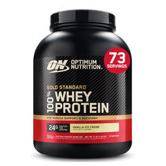 Optimum Nutrition envase frontal Vainilla Ice Cream mostrando la marca y beneficio proteico