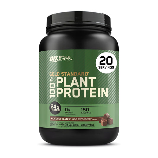 Optimum Nutrition frente del envase mostrando sabor Chocolate Fudge y beneficio proteína vegetal