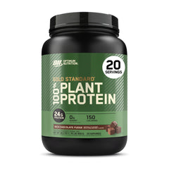 Optimum Nutrition frente del envase mostrando sabor Chocolate Fudge y beneficio proteína vegetal