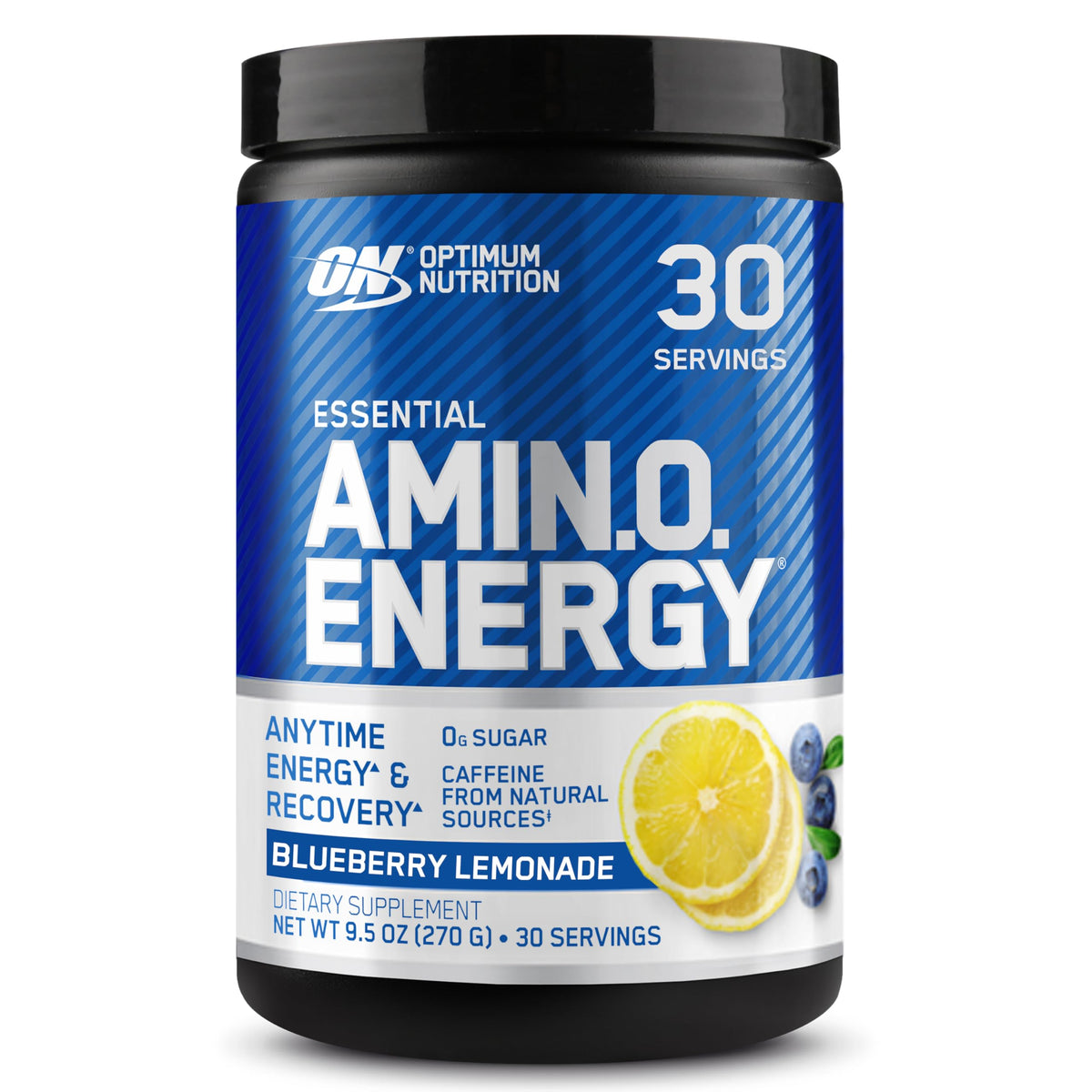 Optimum Nutrition envase frontal mostrando sabor Blueberry Lemonade y beneficios