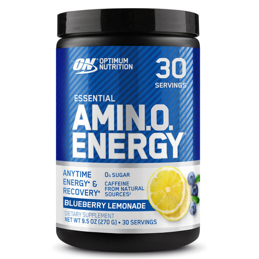 Optimum Nutrition envase frontal mostrando sabor Blueberry Lemonade y beneficios