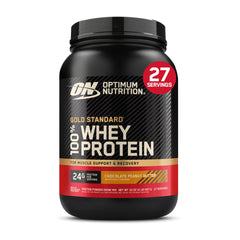 Optimum Nutrition envase frontal mostrando sabor chocolate peanut butter y confianza