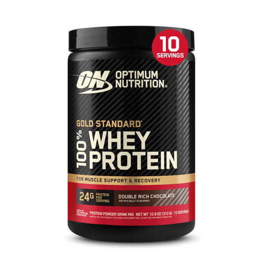Optimum Nutrition frente del envase mostrando la marca y sabor Double Rich Chocolate, conveniencia de viaje