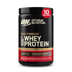 Optimum Nutrition frente del envase mostrando la marca y sabor Double Rich Chocolate, conveniencia de viaje