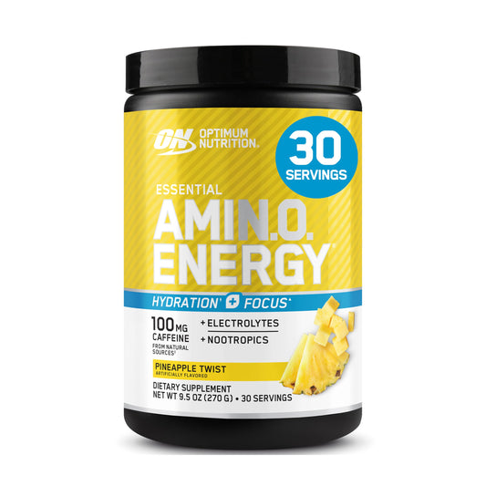 Optimum Nutrition frente del envase mostrando sabor Pineapple Twist y beneficios visibles
