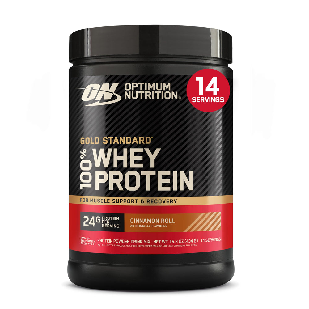 Optimum Nutrition envase frontal sabor Cinnamon Roll mostrando branding y tamaño práctico