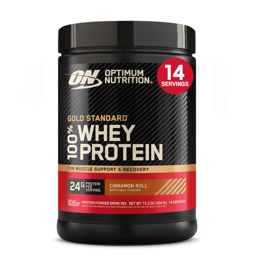 Optimum Nutrition envase frontal sabor Cinnamon Roll mostrando branding y tamaño práctico