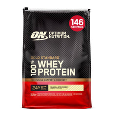 Optimum Nutrition envase frontal mostrando tamaño y sabor Vainilla Ice Cream, conveniencia