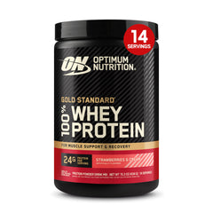 Optimum Nutrition envase frontal mostrando el sabor Fresas y Crema y confianza en calidad