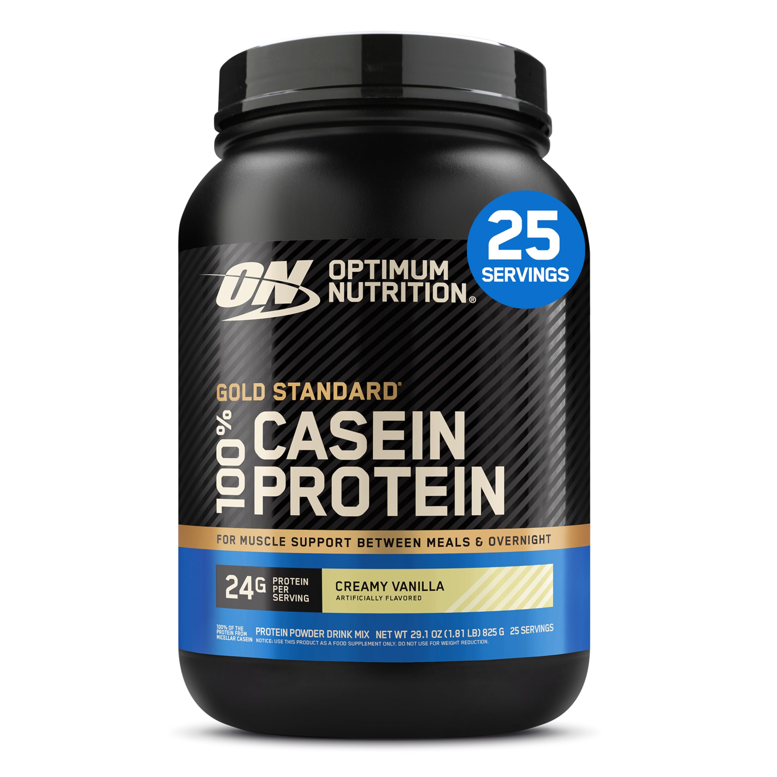 Optimum Nutrition envase frontal mostrando marca y sabor vainilla beneficio confianza