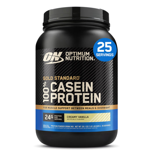 Optimum Nutrition envase frontal mostrando marca y sabor vainilla beneficio confianza