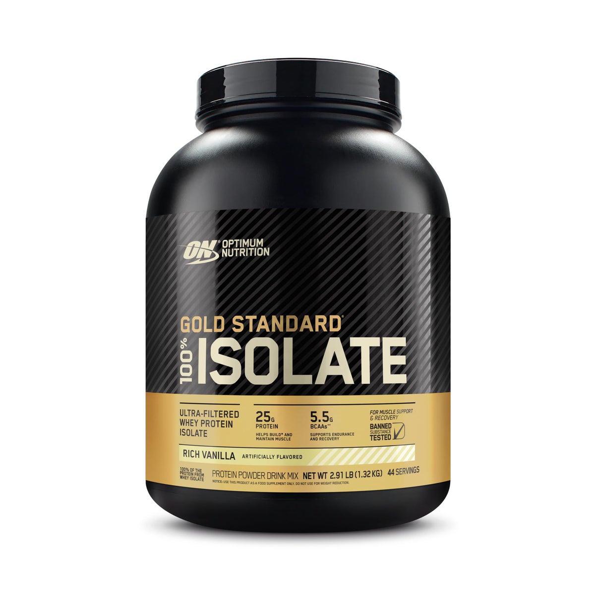 Optimum Nutrition envase frontal mostrando sabor Rich Vanilla y rapidez de mezcla