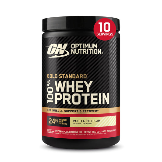 Optimum Nutrition envase frontal mostrando marca y sabor, facilita identificación rápida