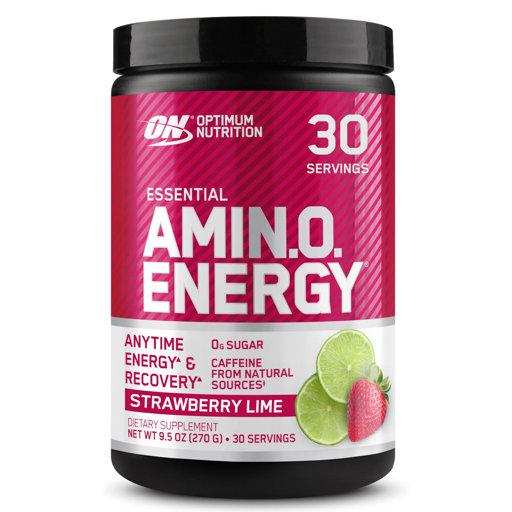 Optimum Nutrition frente del envase mostrando sabor fresa lima y beneficios