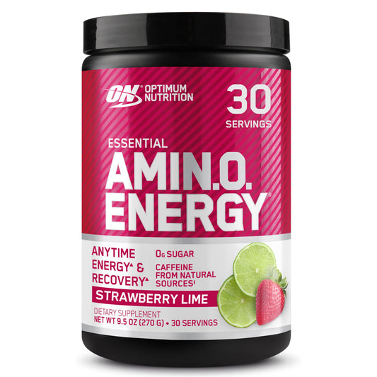 Optimum Nutrition frente del envase mostrando sabor fresa lima y beneficios