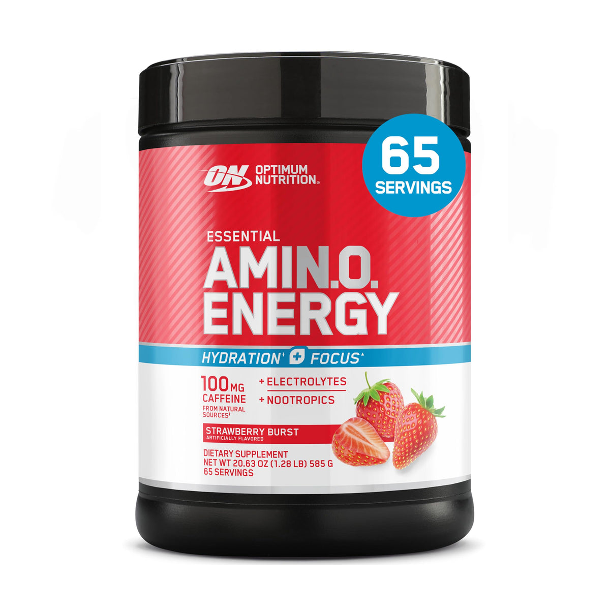Optimum Nutrition frente del envase mostrando 65 servicios y beneficio claridad