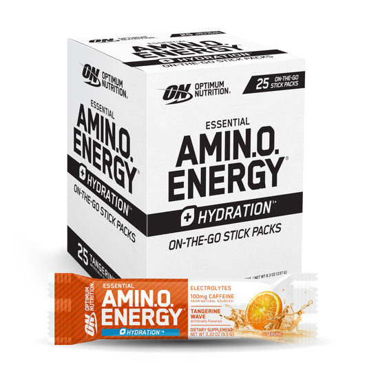 Optimum Nutrition paquete frontal mostrando 25 sobres y beneficio de conveniencia