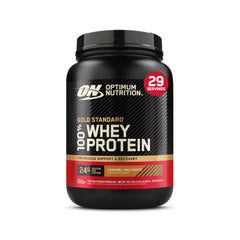 Optimum Nutrition empaque frontal mostrando 24 g de proteína y sabor Caramel Macchiato